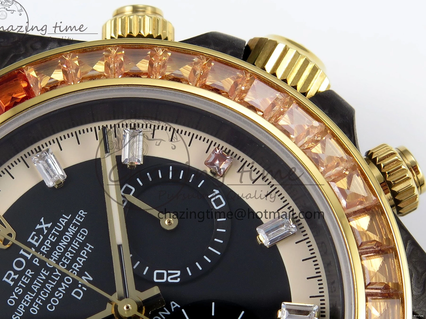 MiroTime 0513 Refined Daytona DIW Carbon Case DIWF Edition Black White Dial Orange Diamonds Bezel on White Nylon Strap A 1668